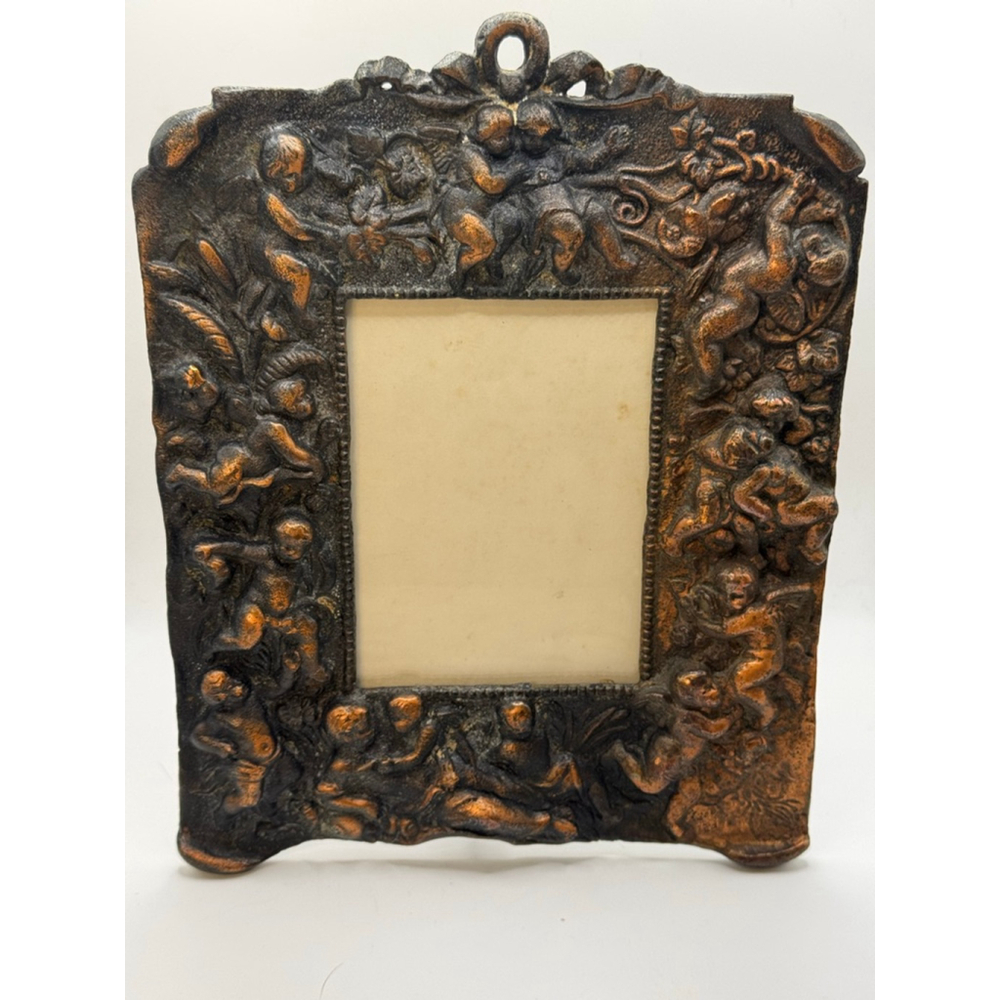 Vintage Ornate Cast Metal Picture Frame Cherub Floral Black Bronze Patina 4.5x6